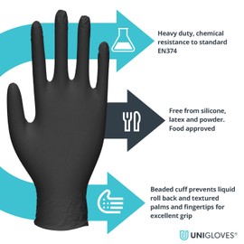 Unigloves PRO.TECT Black HD Nitrile Disposable Gloves - Ultra Heavy Duty, Single Use, Multipurpose, Powder Free, Box of 100 Gloves, Size Medium (GA0063)