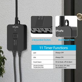 TiFFCOFiO Outdoor Timer Waterproof, Remote Control Dusk to Dawn Sensor Countdown, 100 ft Range, 2 Grouded Electrical Outlets for Home and Garden, 15A 1/2HP, Heavy Duty, ETL Listed (2 Packs)