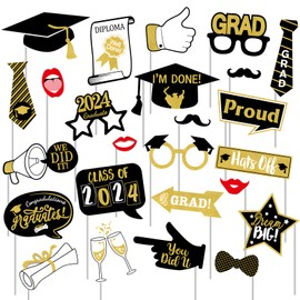 Alaiyaky Graduation Photo Booth Props Class of 2024 Graduation Decorations, 25Pcs Photo Props with Sticks Black and Gold Party Decorations, Fancy Selfie Props Graduation Props for Graduation Party