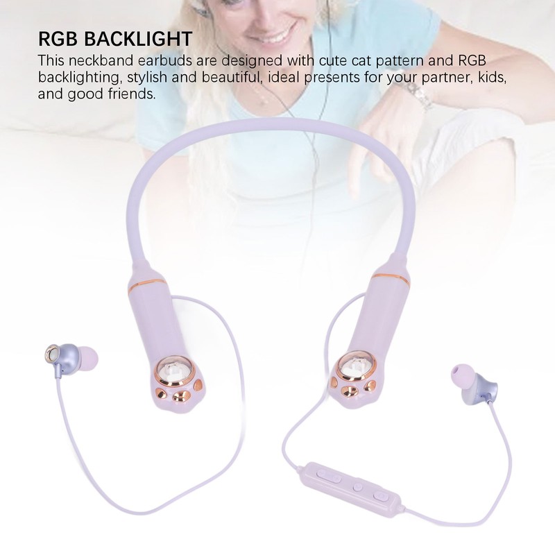 Neckband Earbuds IPX5 Bluetooth 5.3 Wireless Cat Pattern RGB Backlight