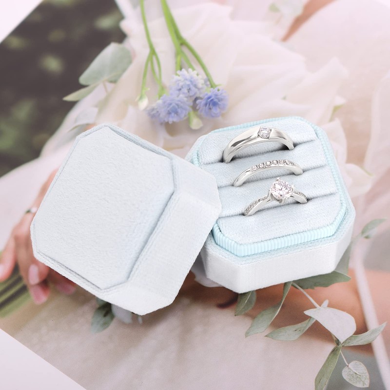 DesignSter Ring Box for Wedding Ceremony Square 3 Slots Velvet