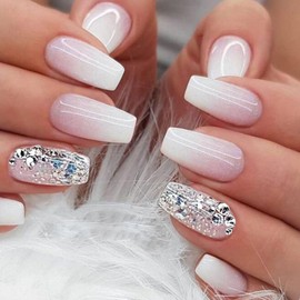 Coffin Press on Nails Short Fake Nails with Glitter Rhinestones Designs White Gradient Full Cover Glue on Nails Glossy Stick on Acrylic False Nails for Women
