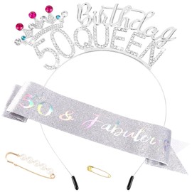 AHONEY 50th Birthday Queen Headbands for Women, 50 & Fabulous Birthday Sash and 50th Birthday Tiara Set, 50th Birthday Decorations Birthday Gifts for Women Party Favors (Silver)
