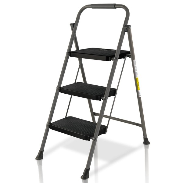 Yvan Step Ladder, 3 Step Folding Stool with Non-Slip Wide Pedal, Rubber Feet, Sponge Safety Handrail, 330lbs Portable Multi-use Steel Ladder for Household and Office