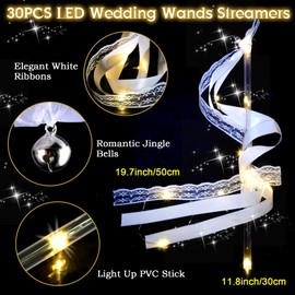 YOFOBU 30PCS Light Up Wands Wedding Party Favors,White Wedding Wands Ribbon Streamers with 3 Colorful Flashing Modes,LED Silk Fairy Wands with Bells for July 4th,Mother's Day,Easter,Birthday