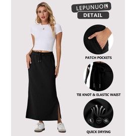 Lepunuo Casual Sweat Skirts Womens High Waist Summer Drawstring Slit Skirts with Pockets A - Black