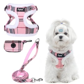 PUPTECK No Pull Dog Harness and Leash Set Reflective No Choke Step in Puppy Halter for XS Small and Medium Sized Dogs, Pink Plaid, Plush, M