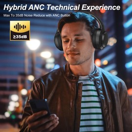 Hybrid Active Noise Cancelling Headphones, Bluetooth 5.4 Earphones, Wireless Headset, 60H Playtime, ANC Mode with 35dB Noise Reduce, Hi-Fi Audio Sound, CVC 8.0 Mic, USB-C Charge, Protein Skin Ear Cups