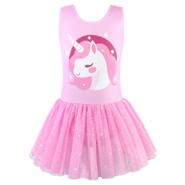 Nutyomi Dance Leotard for Girls Ballet Outfit Size 7-8 Tutu Dress Skirted Leotard Dance Outfits for Girls, Pink Unicorn, 140
