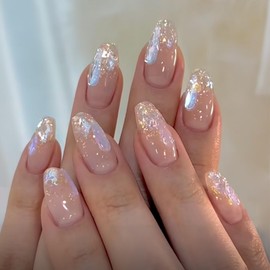 Nude False Nails Coffin, SXVME Glitter Press on Nails Medium Short Ballerina Fake Nails with 3D Nail Charm Acrylic Nails Sparkle Cute Glue on Nails Press ons for Nail Art 24 Pcs