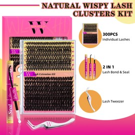 Eyelash Extension Set, 300-Piece Eyelash Clusters, 60D, 80D, DIY Eyelash Extension Set, Individual Eyelashes, Eyelash Clusters Set with Eyelash Glue and Sealing, Eyelash Tweezers (Mix 10-18 mm Set)