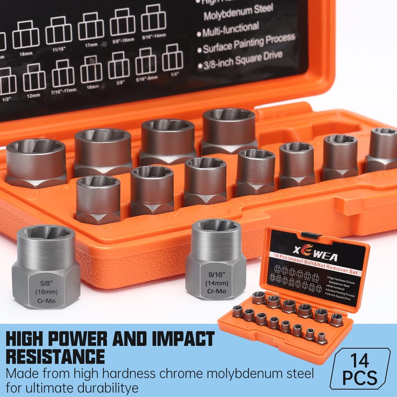 XEWEA 14PCS Bolt Extractor Set, 3/8" Drive Impact Stripped Bolt