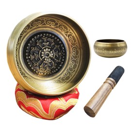 NGE Singing Bowl Set 8.5cm Diameter with Stick and Zabuton Crucifix Overtones Buddhist Healing Relax Yoga Meditation Chakra Healing Purification Tibetan Nepal Handmade Singing Ball