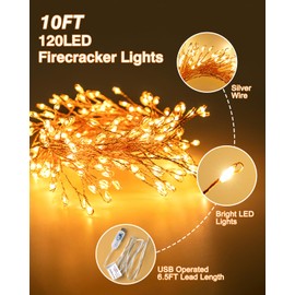 USB Operated Fairy Christmas Lights, 10FT 120LEDs Twinkle Cluster Light with 8 Modes & Remote, Silver Wire Firecracker String Lights for Garland, Room, Bedroom, DIY, Wedding Christmas Tree Decoration