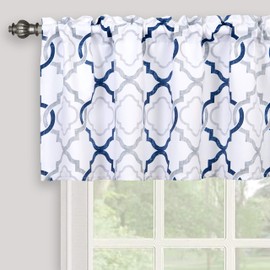 Inselnwald Moroccan Valance for Windows of Kitchen Living Room Bedroom, Geometric Quatrefoil Trellis Printed Rod Pocket Short Valance Window Curtains, 52" X 18", Navy Blue