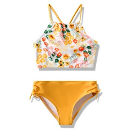 Angel season Girls Swimsuits Two Piece Bikini Set Strap Criss Cross Tankini Bathing Suit for Teens with UPF 50+ Luminous Yellow Size 9-10Years