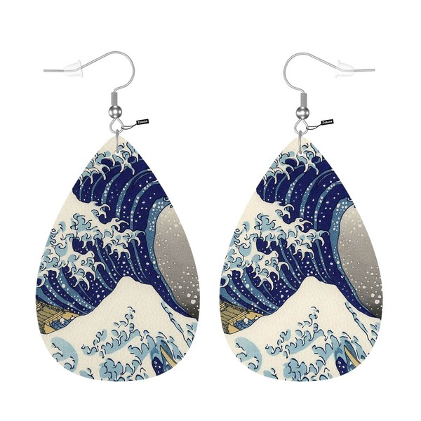 Zokola Drop Earrings The Great Wave, Retro Japanese Kanagawa Pattern