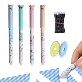CATOR Erasable Ballpoint Pen, Pack of 4 Colour Rollerball Pens Erasable 0.35 mm Cartoon Erasable Pen with 50 Refills and 2 Erasers Gel Pens for Children Students School Office