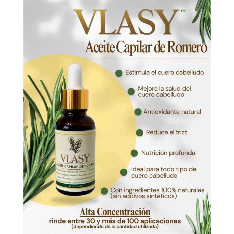 Vlasy, Romero Aceite Capilar, Estimula Cuero Cabelludo 30 Ml