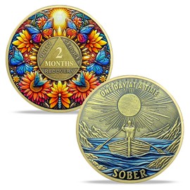 IELCJJ 2 Month Sobriety Coin, Delicate Sunflower Sobriety Chip Colorful Butterfly AA Coin and Medallions One Day at A Time Sober Token Narcotics Alcoholics Anonymous Recovery Gifts for Men Women