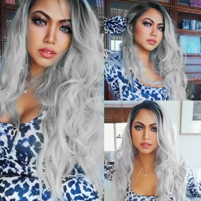 Darklove Peluca Larga De Mujer Color Gris Degradado Pelo Ola