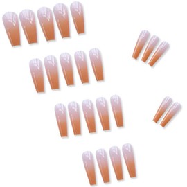 24Pcs Full Cover Reusable False Nails Kits, Medium Length Press on Nails, Artificial Fingernails Acrylic Fake Nails with Designs, Glue on Nails Medium Coffin, Stick on Nails for Women(Orange)