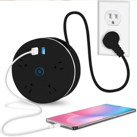 Retractable Power Strip, 6FT Extension Cord Power Strip Surge Protector with 4 Outlets 2 USB Ports and Hook Fast Charge, Portable Power Strip for Travel, Office, School, Hotel,Dorm Room Essentials-B