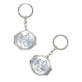 RBN Baptism Mini Compact Mirror Key Chain Party Favor for Boys & Girls - Bautizo Recuerdos Angels & Baby Design Makeup Compact/First Communion (Dove Silver Keychain) -12PS