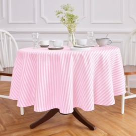 Solino Home Linen Easter Tablecloth - 100% Pure Linen Cherry Blossom and White Round Tablecloth 60 Inch Diameter - Handcrafted and Machine Washable - Amalfi Stripe
