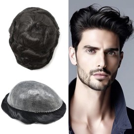 All Poly Mens Toupee 100% Human Hair System Thin Skin PU Injection Toupee for Men Black Brown Blonde Gray Hair Wig Units 8X10"-120% density #1 Jet Black