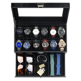 ProCase Watch Box for Men, 12 Slot Mens Watch Case With Drawer, Watch Display Case With Glass Lid, 2-Layer Watch Holder Organizer, Jewelry and Watch Storage for Men Women -12Slot, LizardBlack