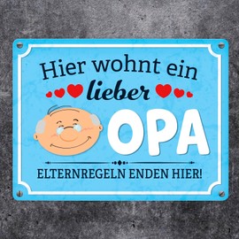 Hier wohnt ein lieber Opa Metal Sign 15 x 20 cm as a decoration for the house of your favourite grandpa, where parents rules end
