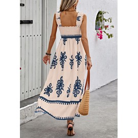 PRETTYGARDEN Womens Summer Boho Maxi Dress 2025 Casual Sleeveless Square Neck Floral Aline Smocked Beach Dresses with Pockets (Floral Apricot Navy,Large)