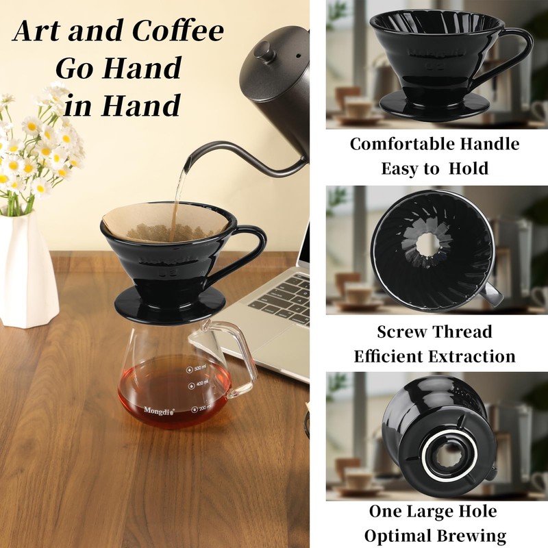 Mongdio V60 Ceramic Pour Over Coffee Dripper, Reusable Porcelain Portable