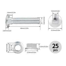 M6 Coach Bolts, M6 x 40mm Carriage Bolts with Flange Hexagon Nuts, Zinc Plated Coach Screws, Corrosion-Resistant Fasteners For Wood, Metal, Pack of 25