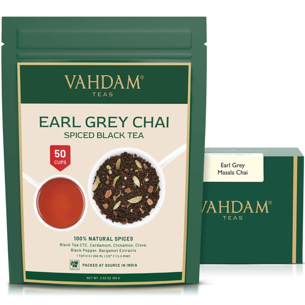 VAHDAM, Earl Grey Masala Chai Tea (50 Cups) | 100% NATURAL SPICES | Black Tea With Bergamot Oil | Spiced Chai Tea Loose Leaf | Earl Grey Tea | Brew Hot Tea, Iced Tea or Chai Latte | 3.53oz