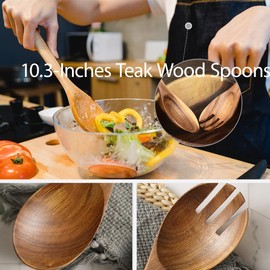 Wooden Spoon and Fork Set for Serving & Cooking, 10.2-Inch Teak Wood Spoon and Spork, Wooden Salad Serving Set for Cooking, Teak Wood Salad Servers Nonstick