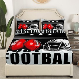 Football Bed Sheet Set Sports Bedding Sheet Soccer Ball Black White Red Fitted Sheet for Boys Girls Children Teens Bedroom Decor 3D America Football Print Comforter Cover Queen Size With 2 Pillow Case
