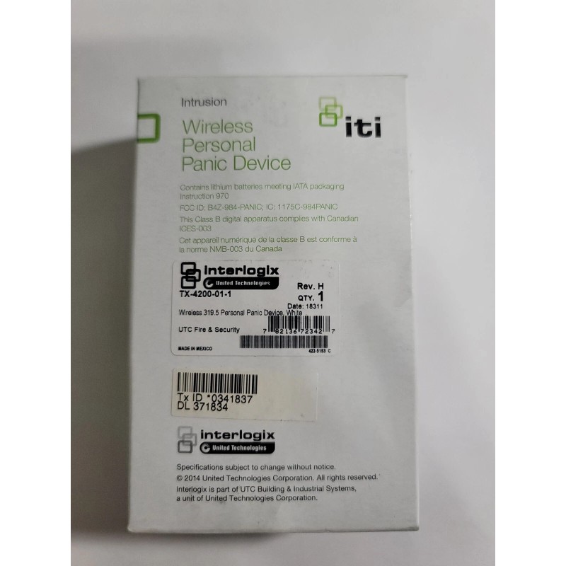 Interlogix GE Security TX-4200-01-1 Water Resistant Panic Device 319.5 MHz