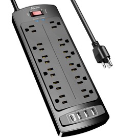 Alestor Power Strip, ALESTOR Surge Protector with 12 Outlets and 4 USB Ports, 6 Feet Extension Cord (1875W/15A), 2700 Joules, ETL Listed, Black