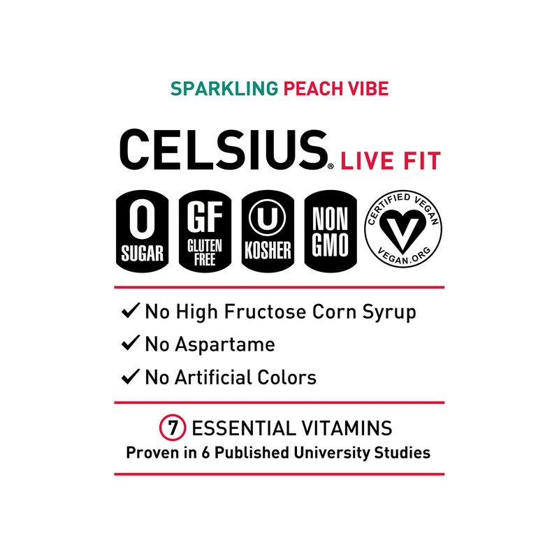 CELSIUS Sparkling Peach Vibe, Functional Essential Energy Drink, 12 Fl