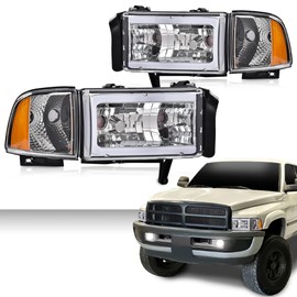 G-PLUS LED Light Strip Headlights w/o Bulbs Fit Dodge Ram 1500 1994-2001/Dodge Ram 2500 3500 1994-2002 Clear Lens Chrome Housing Amber Reflector Bumper Headlamps,faros delanteros Assembly