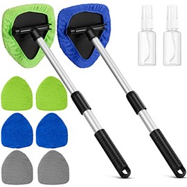 2 Packs Windshield Cleaner Car Window Cleaner Auto Window Cleaning Tool with Detachable Handle, 6 Reusable Microfiber Pads and 2 Spray Bottles for Car Interior Car Cleanser Brush Car Cleaning Kit