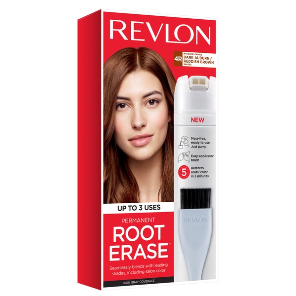 Revlon Permanent Hair Color, Permanent Hair Dye, At-Home Root Erase with Applicator Brush for Multiple Use, 100% Gray Coverage, Dark Auburn/ Reddish Brown (4R), 3.2 Fl Oz