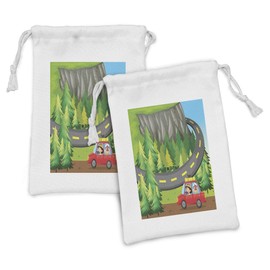Lunarable Road Trip Fabric Pouch Set of 2, Touristic Family Road Trip in National Park Green Pines Environment Themed Print, Small Drawstring Bag for Toiletries Masks and Favors, 9" x 6", Multicolor
