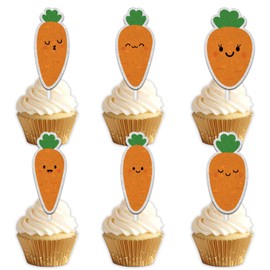 18pcs Orange Glitter Cute Carrot Dessert Cupcake Topper Funny Vegetable Theme Decor Supplies Baby Shower Boys Girls Happy Birthday Party Decorations