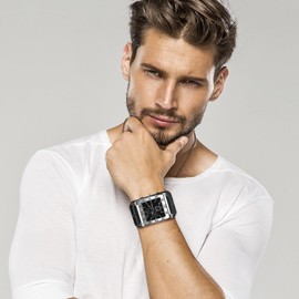 JewelryWe Square Leather Wrist Watch for Men Punk Analog Quartz Watch Black Casual Business Dress Watches for Xmas