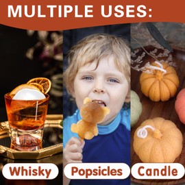 Doumiyo Large Ice Cube Molds, 3D Silicone Cute Ice Molds, Multifunctional Bourbon Ice Cube Mold, Candle Molds, Popsicle Molds, Bear, Pumpkin, Diamond, Rose Ice Cube Mold with Popsicle Stick