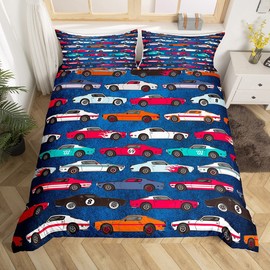 Racing Car Bedding Duvet Cover Set Kids Race Sports Car Bedding Set Boys Girls Extreme Sports Comforter Cover Microfiber Car Sports Competition Bedspread Cover Bedroom Bedclothes Double Blue