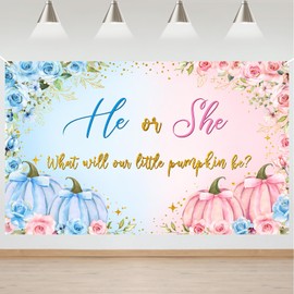 Avezano Pumpkin Gender Reveal Banner 6 x 3.6 ft He or She What Will Our Little Pumpkin Be Gender Reveal Decorations Fall Blue or Pink Party Backdrop